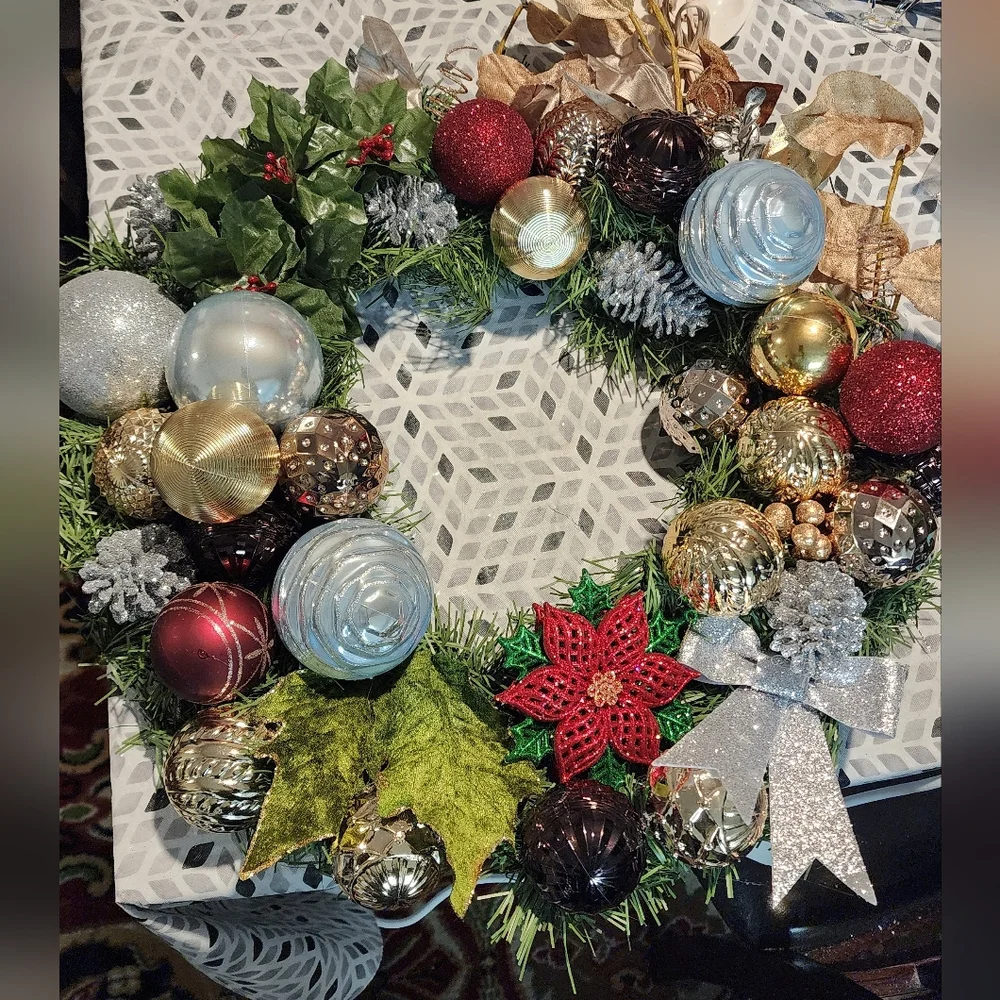 Festive Holiday Wreath with Red, Gold, and Silver Accents
